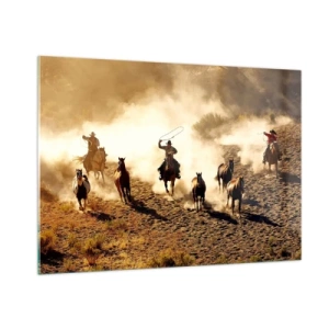 Cuadro sobre vidrio - Impresiones sobre Vidrio - Vaqueros a caballo en el polvo en un rodeo - 100x70cm - El salvaje oeste - Decoración de pared moderna para salón y dormitorio ARTTOR