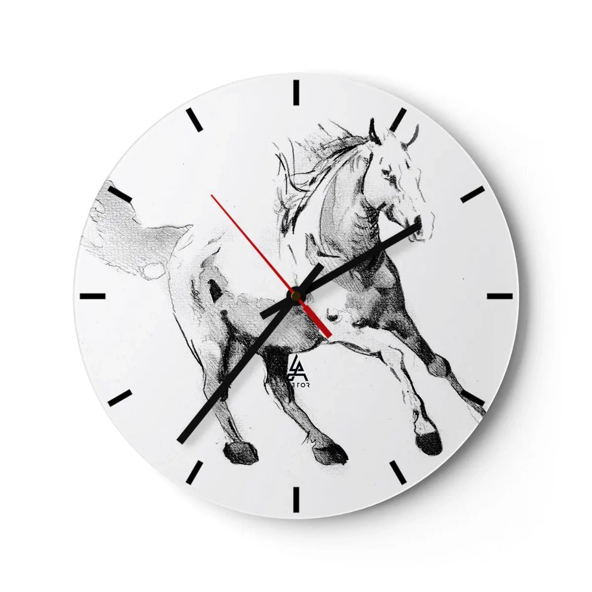 Reloj de pared - Reloj de vidrio - Boceto de un caballo al galope sobre un fondo blanco. - 30x30cm - Alma indómita - Decoración de pared moderna para salón, cocina y dormitorio ARTTOR