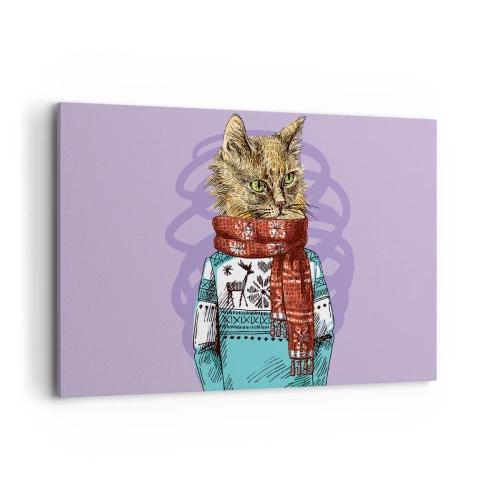 Cuadro sobre lienzo - Impresión de Imagen - Un gato con un suéter y una bufanda sobre un fondo morado. - 120x80cm - El gato no solo tenía botas - Decoración de pared moderna para salón y dormitorio ARTTOR