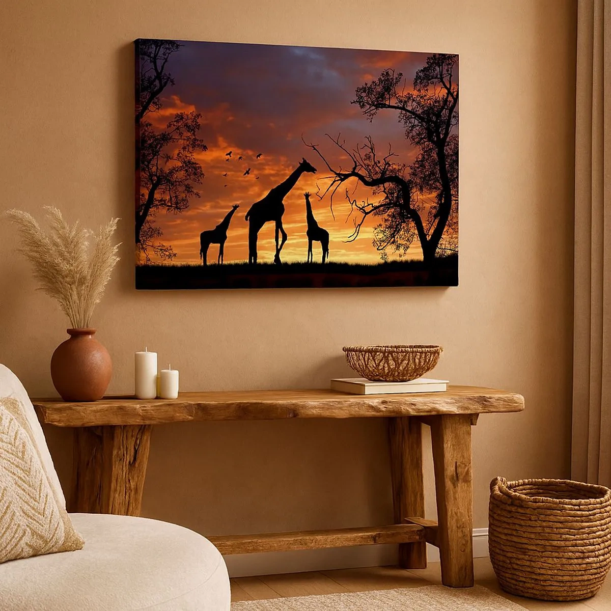 Cuadro sobre lienzo - Impresión de Imagen - Siluetas de jirafas con el atardecer africano como telón de fondo - 70x50cm - Una pequeña cena con tus seres queridos - Decoración de pared moderna para salón y dormitorio ARTTOR
