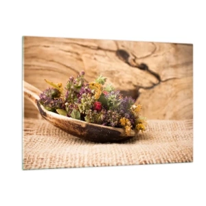 Cuadro sobre vidrio - Impresiones sobre Vidrio - Hierbas secas en una cuchara de madera sobre un fondo rústico. - 120x80cm - Flores coloridas y hierbas aromáticas - Decoración de pared moderna para salón y dormitorio ARTTOR