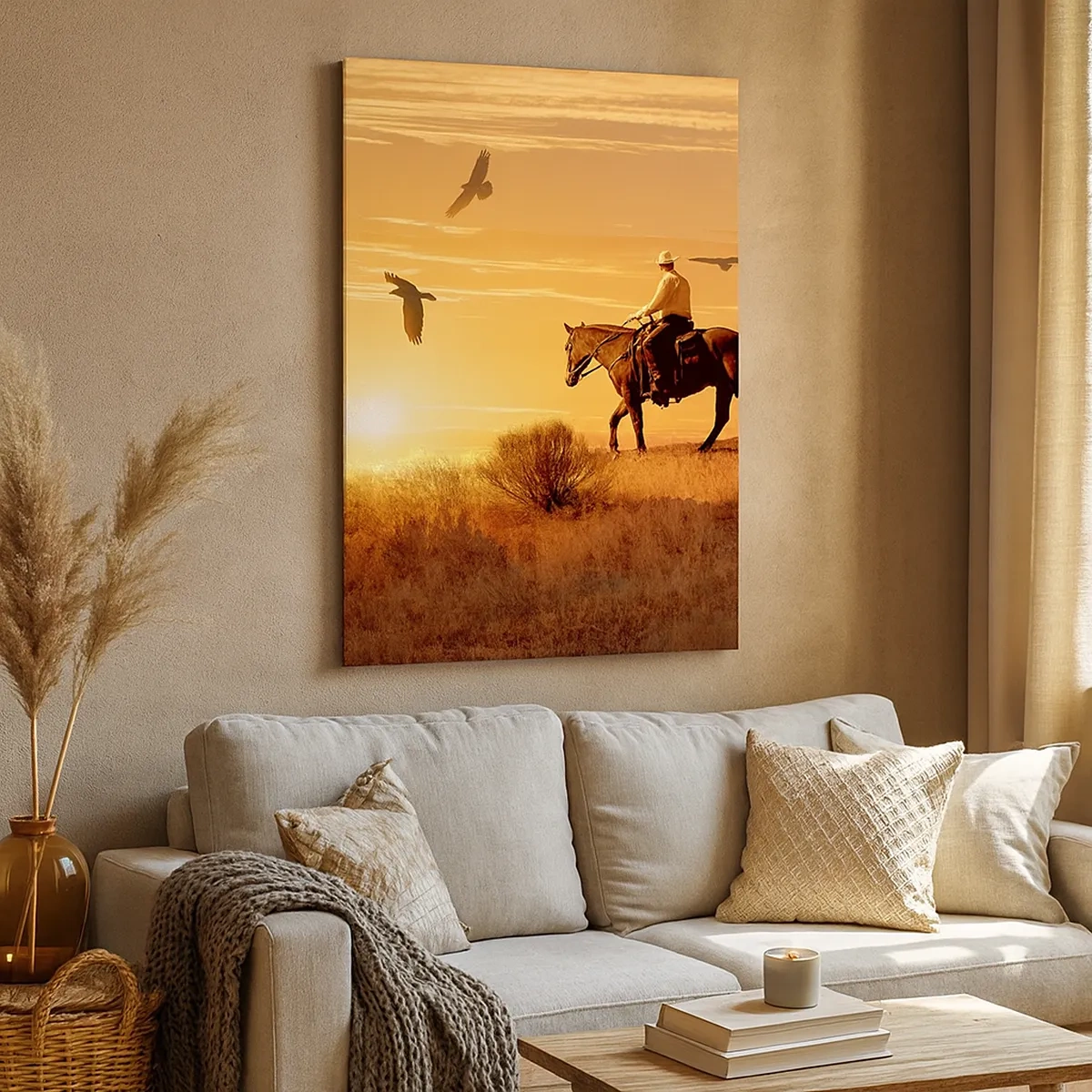 Cuadro sobre lienzo - Impresión de Imagen - Un jinete a caballo al atardecer contra la pradera. - 50x70cm - Solo a través de la pradera - Decoración de pared moderna para salón y dormitorio ARTTOR