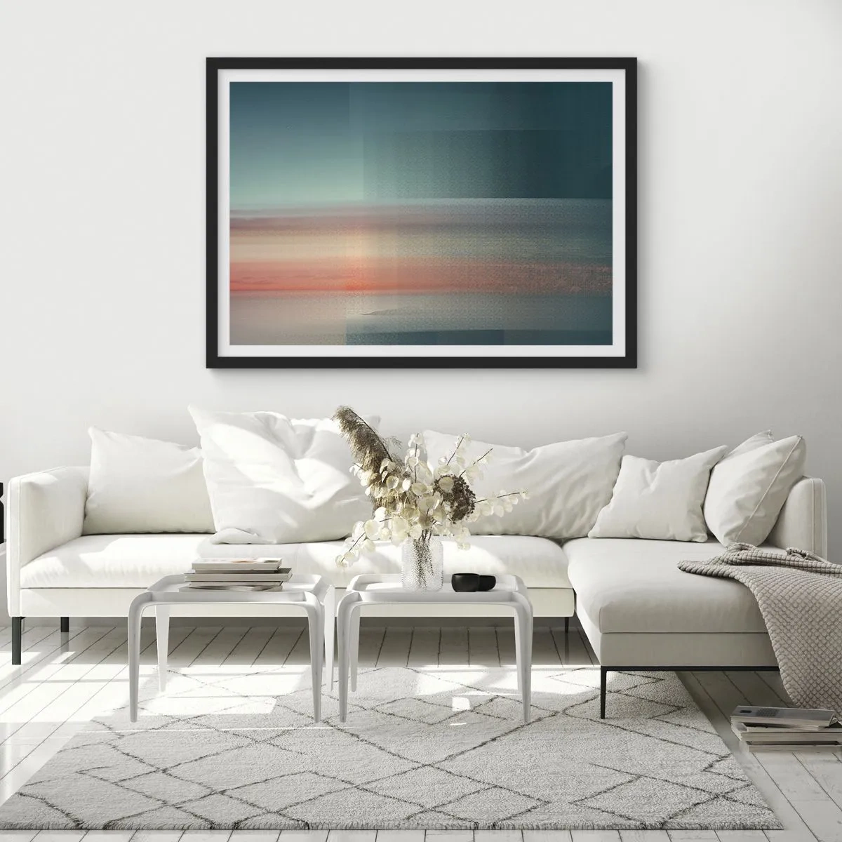 Póster en marco negro - Una puesta de sol en tonos pastel sobre un horizonte tranquilo. - 70x50cm - Abstracción: ondas de luz - Decoración de pared moderna para salón y dormitorio ARTTOR