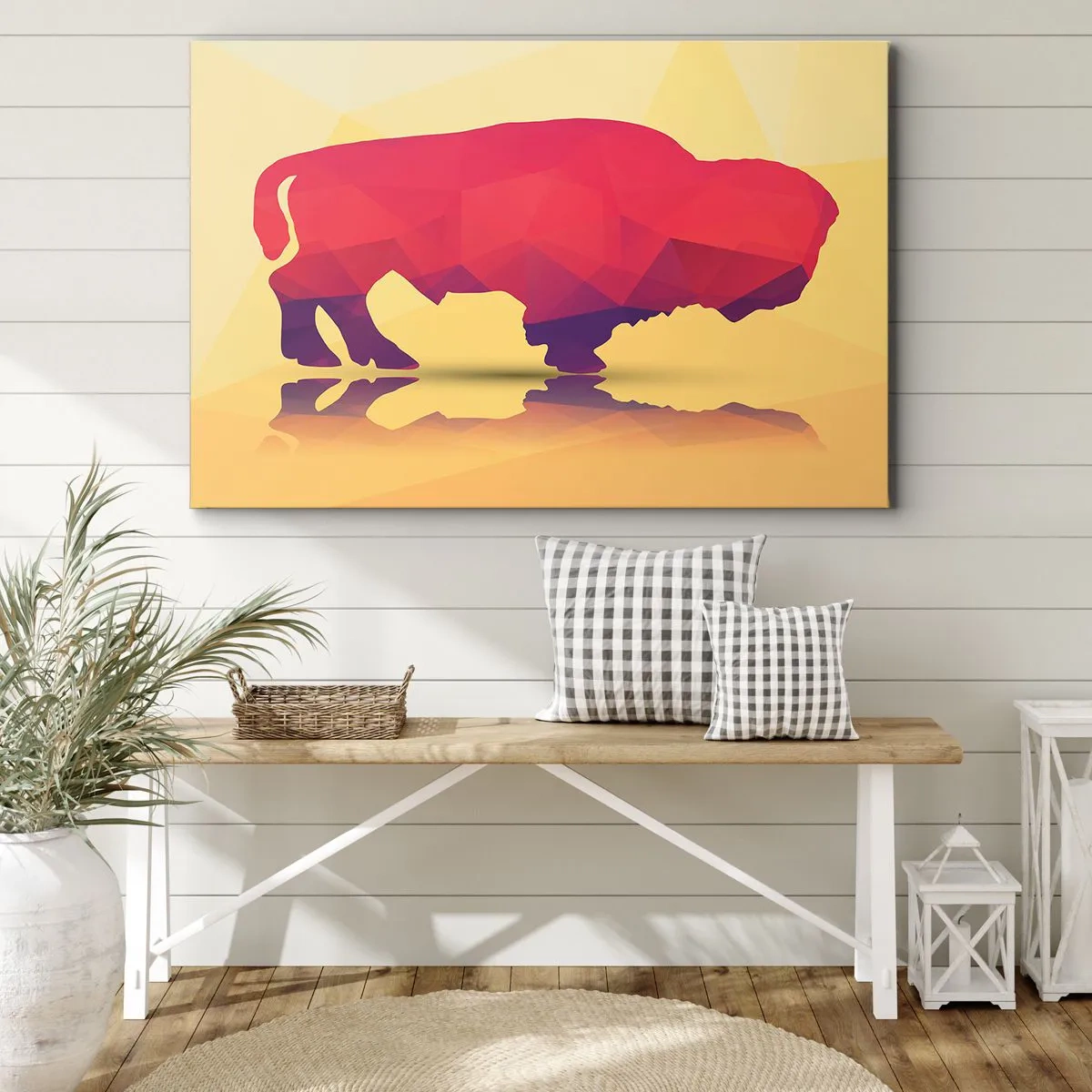 Cuadro sobre lienzo - Impresión de Imagen - Silueta geométrica de un bisonte en tonos rojos y morados. - 100x70cm - Fuerza de bisonte - Decoración de pared moderna para salón y dormitorio ARTTOR
