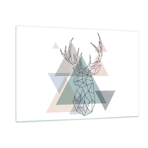 Cuadro sobre vidrio - Impresiones sobre Vidrio - Dibujo geométrico de un ciervo sobre un fondo de triángulos pastel. - 120x80cm - En un bosque geométrico - Decoración de pared moderna para salón y dormitorio ARTTOR
