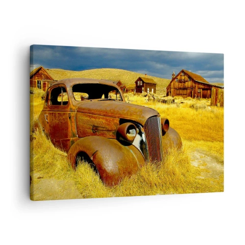 Cuadro sobre lienzo - Impresión de Imagen - Un viejo coche oxidado con el telón de fondo de cabañas de madera abandonadas. - 70x50cm - Un merecido descanso - Decoración de pared moderna para salón y dormitorio ARTTOR