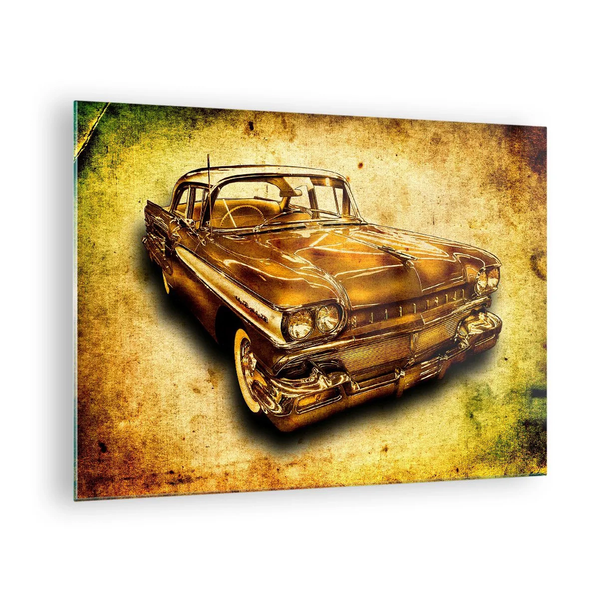 Cuadro sobre vidrio - Impresiones sobre Vidrio - Un coche clásico con un fondo vintage. - 70x50cm - La belleza perdurable de los clásicos - Decoración de pared moderna para salón y dormitorio ARTTOR