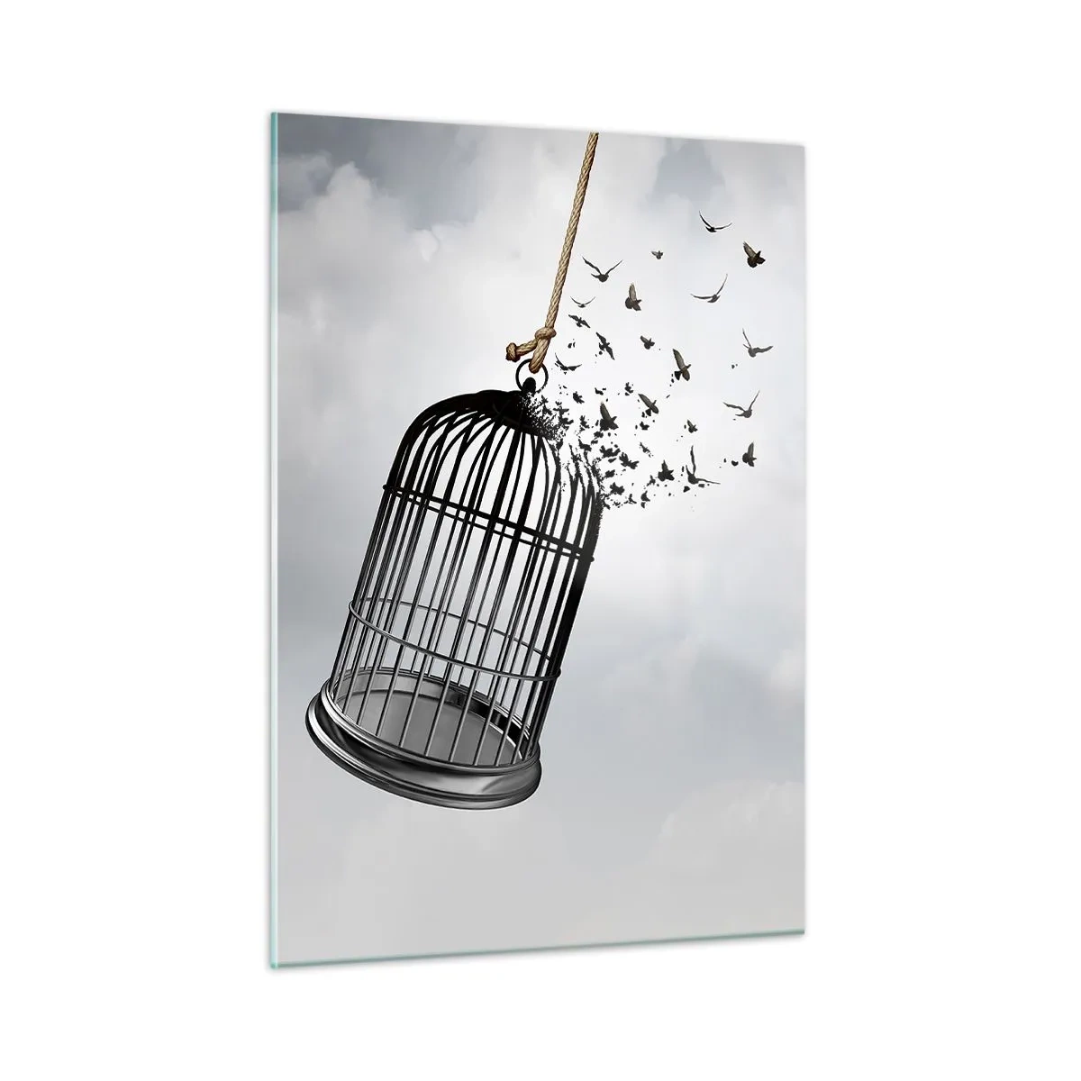 Cuadro sobre vidrio - Impresiones sobre Vidrio - La apertura de la jaula y los pájaros saliendo de ella contra el cielo. - 50x70cm - Fe... Esperanza... ¡Libertad! - Decoración de pared moderna para salón y dormitorio ARTTOR