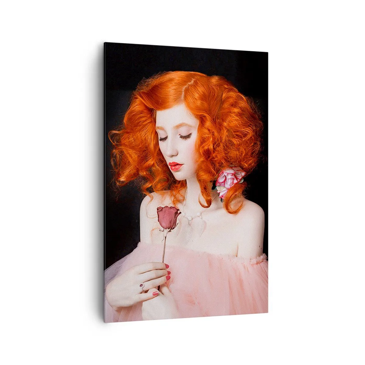 Cuadro sobre lienzo - Impresión de Imagen - Una mujer con cabello rojo sosteniendo una rosa. - 80x120cm - En estilo barroco - Decoración de pared moderna para salón y dormitorio ARTTOR