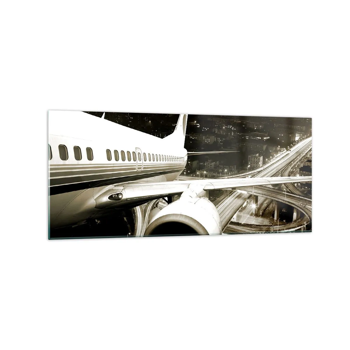 Cuadro sobre vidrio - Impresiones sobre Vidrio - Un avión sobre una ciudad nocturna con carreteras iluminadas. - 120x50cm - Vuela hacia la noche - Decoración de pared moderna para salón y dormitorio ARTTOR