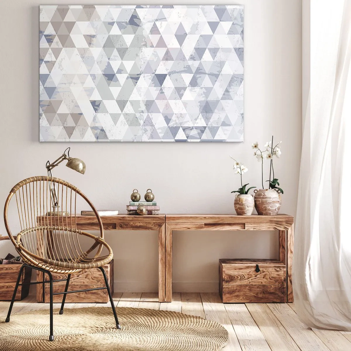 Cuadro sobre lienzo - Impresión de Imagen - Patrón de triángulo geométrico en tonos pastel - 70x50cm - A ritmo de triángulo - Decoración de pared moderna para salón y dormitorio ARTTOR