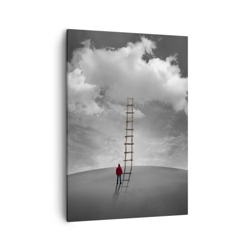 Cuadro sobre lienzo - Impresión de Imagen - Una persona con un abrigo rojo y una escalera que conduce a una nube. - 50x70cm - Todo es posible - Decoración de pared moderna para salón y dormitorio ARTTOR