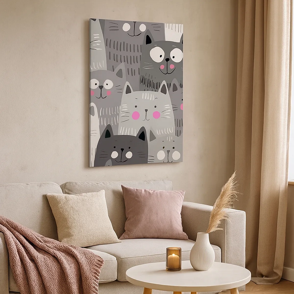 Cuadro sobre lienzo - Impresión de Imagen - Un patrón divertido con gatos en tonos grises. - 50x70cm - El mundo de los gatos - Decoración de pared moderna para salón y dormitorio ARTTOR