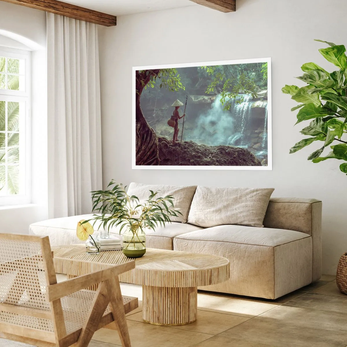 Póster - Una figura con una lanza en una cascada en un bosque tropical. - 100x70cm - Amistad con la naturaleza - Decoración de pared moderna para salón y dormitorio ARTTOR