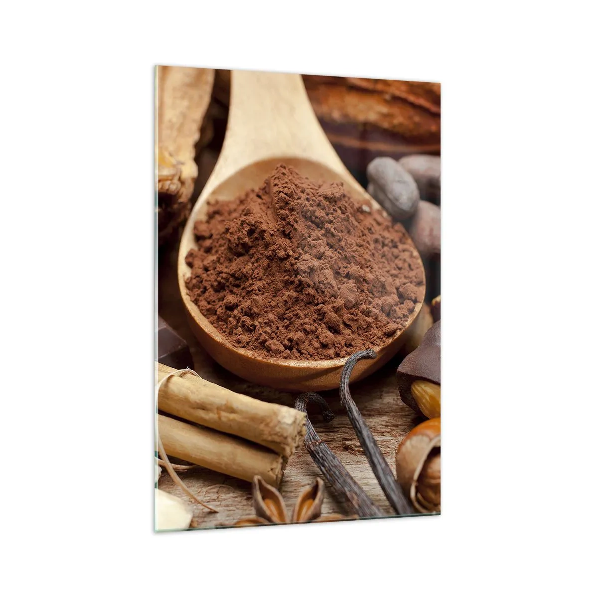 Cuadro sobre vidrio - Impresiones sobre Vidrio - Una cucharada de ingredientes de cacao y chocolate en un arreglo rústico. - 70x100cm - Lo mejor para las penas - Decoración de pared moderna para salón y dormitorio ARTTOR