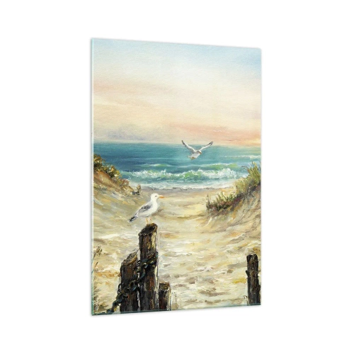 Cuadro sobre vidrio - Impresiones sobre Vidrio - Costa con gaviotas y dunas al atardecer - 70x100cm - Un retiro ventoso - Decoración de pared moderna para salón y dormitorio ARTTOR