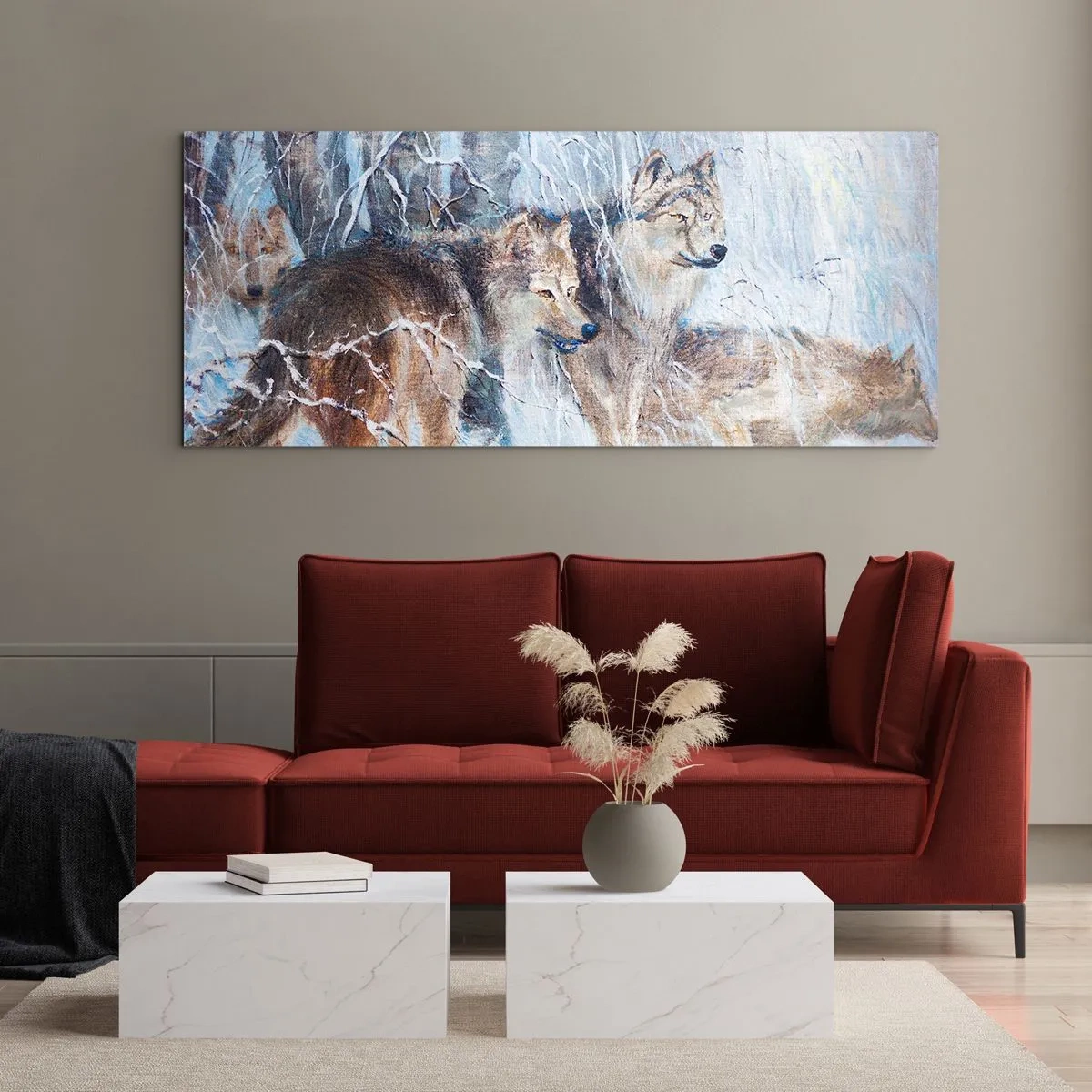 Cuadro sobre vidrio - Impresiones sobre Vidrio - Lobos en un bosque invernal con un fondo nevado - 160x50cm - ¡Cuidado! Aquí viene... - Decoración de pared moderna para salón y dormitorio ARTTOR
