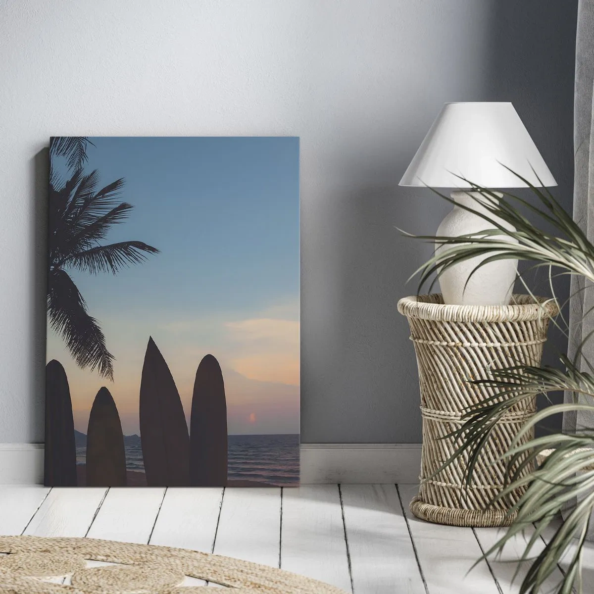 Cuadro sobre lienzo - Impresión de Imagen - Tablas de surf con una palmera y una puesta de sol como telón de fondo - 80x120cm - Mañana también disfrutaremos - Decoración de pared moderna para salón y dormitorio ARTTOR