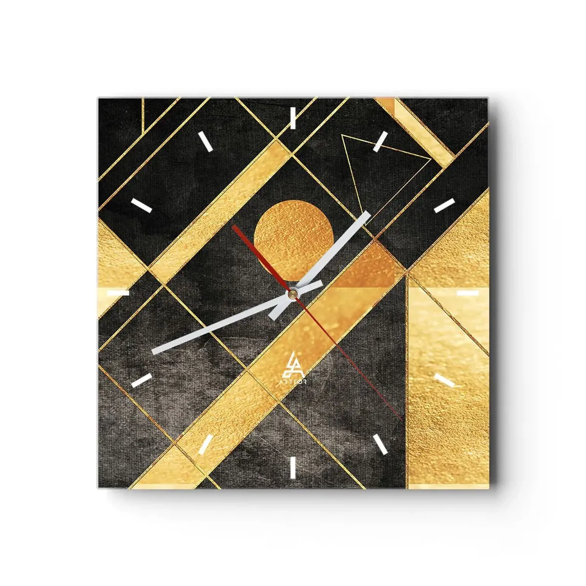 Reloj de pared - Reloj de vidrio - Formas geométricas en tonos dorados y negros. - 30x30cm - Sol del desierto - Decoración de pared moderna para salón y dormitorio ARTTOR