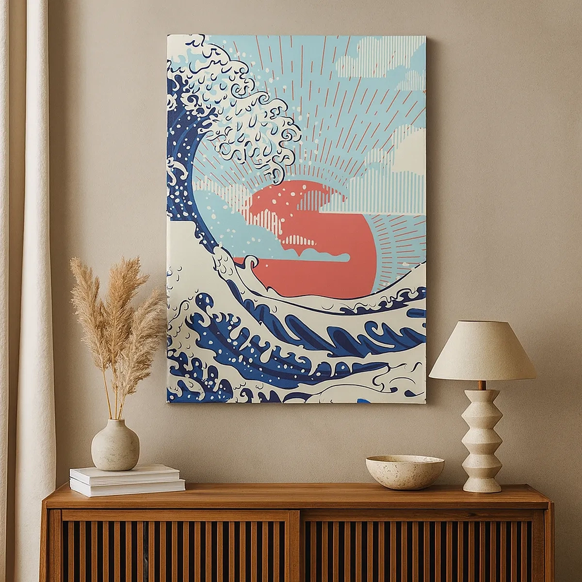 Cuadro sobre lienzo - Impresión de Imagen - Olas del océano y una puesta de sol al estilo japonés - 50x70cm - De inspiración japonesa - Decoración de pared moderna para salón y dormitorio ARTTOR