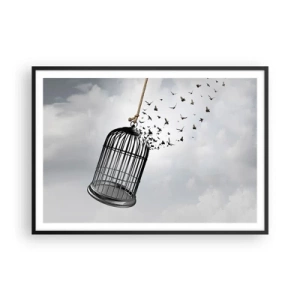 Póster en marco negro - Pájaros volando desde una jaula contra el cielo. - 100x70cm - Fe... Esperanza... ¡Libertad! - Decoración de pared moderna para salón y dormitorio ARTTOR