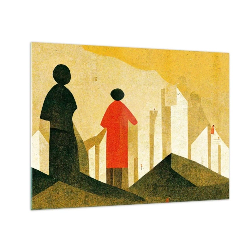 Cuadro sobre vidrio - Impresiones sobre Vidrio - Siluetas geométricas de figuras entre formas altas contra el fondo de un cielo amarillo. - 70x50cm - Todavía lejos del destino - Decoración de pared moderna para salón y dormitorio ARTTOR