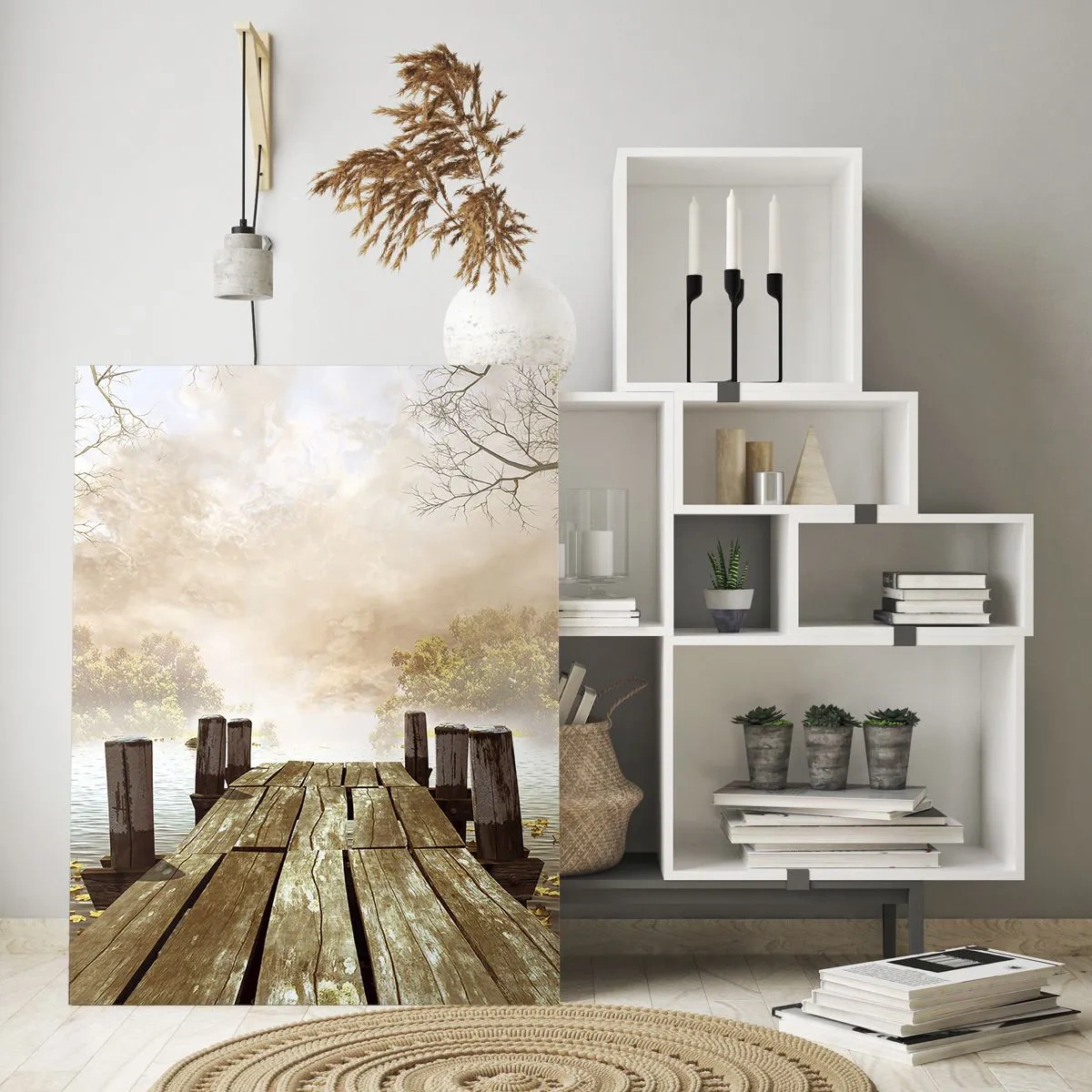 Cuadro sobre vidrio - Impresiones sobre Vidrio - Un embarcadero de madera sobre un lago tranquilo en la niebla. - 50x70cm - La leve tristeza del otoño - Decoración de pared moderna para salón y dormitorio ARTTOR