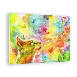 Cuadro sobre vidrio - Impresiones sobre Vidrio - Un gato observando mariposas de colores con un fondo pastel. - 70x50cm - En el paraíso de los gatos - Decoración de pared moderna para salón y dormitorio ARTTOR