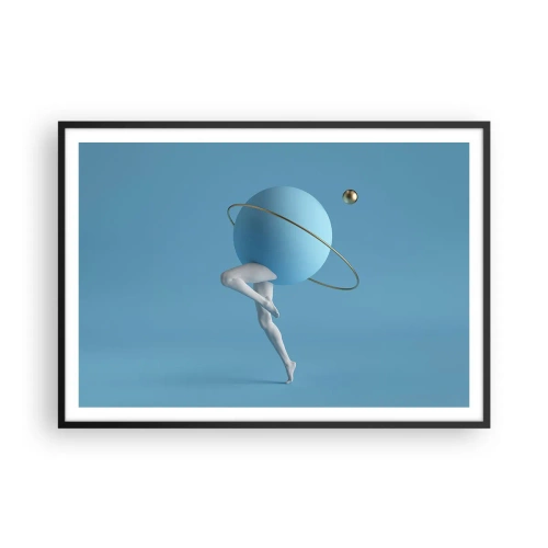Póster en marco negro - Una esfera azul con una órbita y piernas humanas contra el cielo. - 100x70cm - Y los planetas se vuelven locos - Decoración de pared moderna para salón y dormitorio ARTTOR