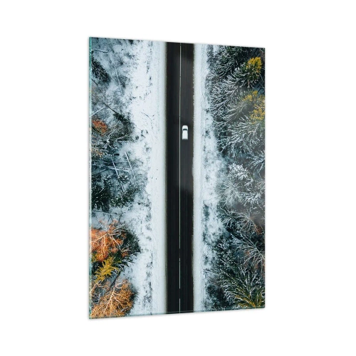 Cuadro sobre vidrio - Impresiones sobre Vidrio - Un camino invernal a través de un bosque cubierto de nieve con árboles coloridos. - 50x70cm - Atravesar el bosque en invierno - Decoración de pared moderna para salón y dormitorio ARTTOR