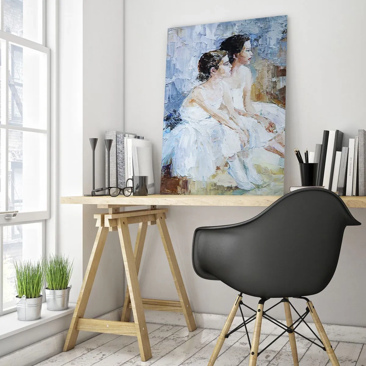 Cuadro sobre vidrio - Impresiones sobre Vidrio - Dos bailarinas con vestidos blancos sobre un fondo impresionista. - 50x70cm - Cisnes jóvenes descansando - Decoración de pared moderna para salón y dormitorio ARTTOR
