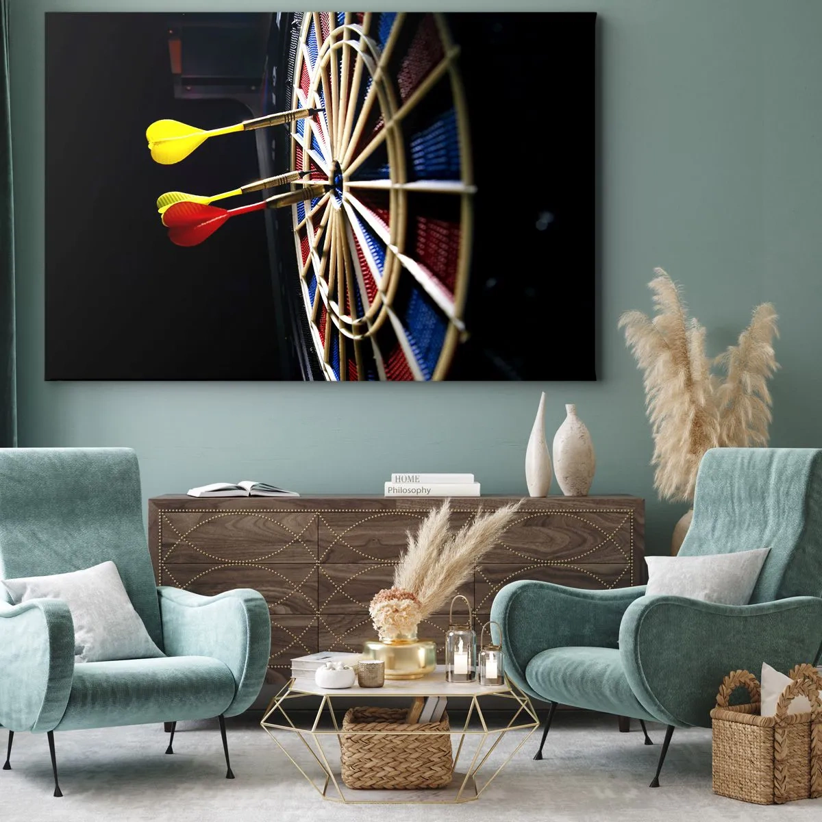 Cuadro sobre lienzo - Impresión de Imagen - Un tablero de dardos con dardos impactados sobre un fondo negro - 70x50cm - En el blanco - Decoración de pared moderna para salón y dormitorio ARTTOR