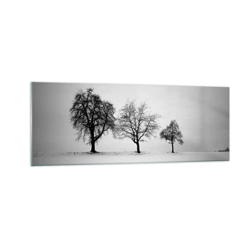 Cuadro sobre vidrio - Impresiones sobre Vidrio - Tres árboles en un campo nevado en estilo monocromático. - 140x50cm - ¿Con qué sueñan? - Decoración de pared moderna para salón y dormitorio ARTTOR