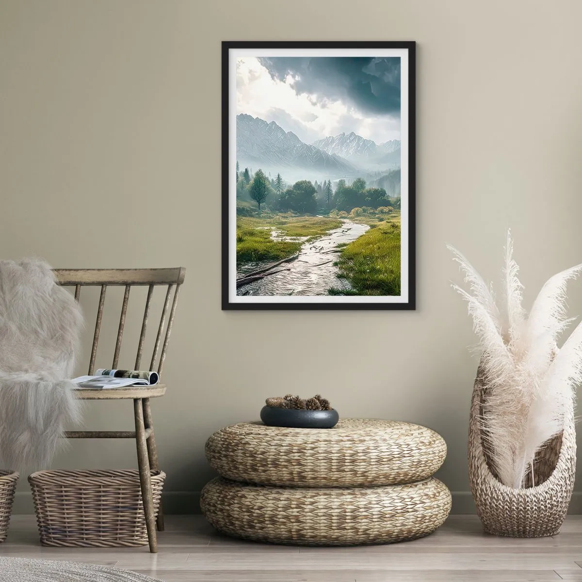Póster en marco negro - Un valle montañoso con un río y majestuosas montañas al fondo. - 50x70cm - De ida y vuelta - Decoración de pared moderna para salón y dormitorio ARTTOR