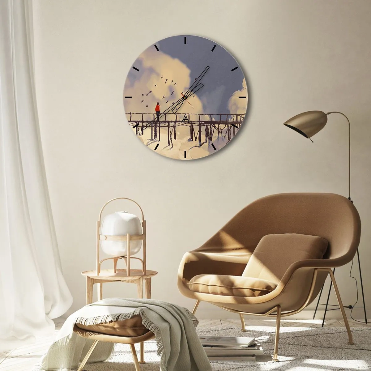 Reloj de pared - Reloj de vidrio - Una figura en un puente con pájaros sobre el fondo de cielo y nubes. - 30x30cm - Anhelo azul - Decoración de pared moderna para salón, cocina y dormitorio ARTTOR