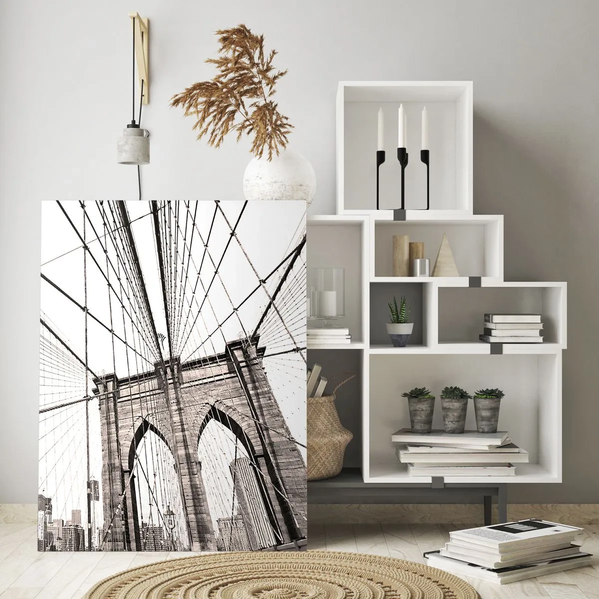 Cuadro sobre vidrio - Impresiones sobre Vidrio - El puente de Brooklyn en monocromo - 70x100cm - Catedral de Nueva York - Decoración de pared moderna para salón y dormitorio ARTTOR