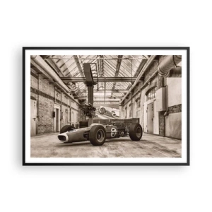 Póster en marco negro - Coche de carreras en blanco y negro en un interior industrial. - 100x70cm - El descanso del vencedor - Decoración de pared moderna para salón y dormitorio ARTTOR