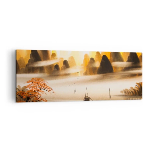 Cuadro sobre lienzo - Impresión de Imagen - Un paisaje oriental con un río, montañas y una suave niebla. - 140x50cm - Más allá del Lejano Oriente - Decoración de pared moderna para salón y dormitorio ARTTOR