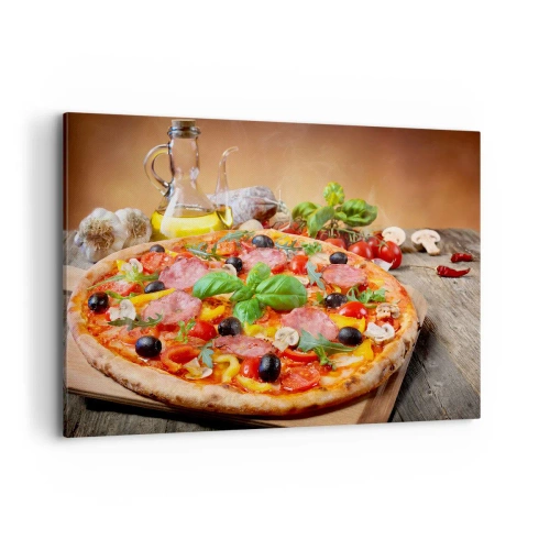 Cuadro sobre lienzo - Impresión de Imagen - Deliciosa pizza en una mesa de madera con ingredientes. - 120x80cm - Con un verdadero sabor italiano - Decoración de pared moderna para salón y dormitorio ARTTOR
