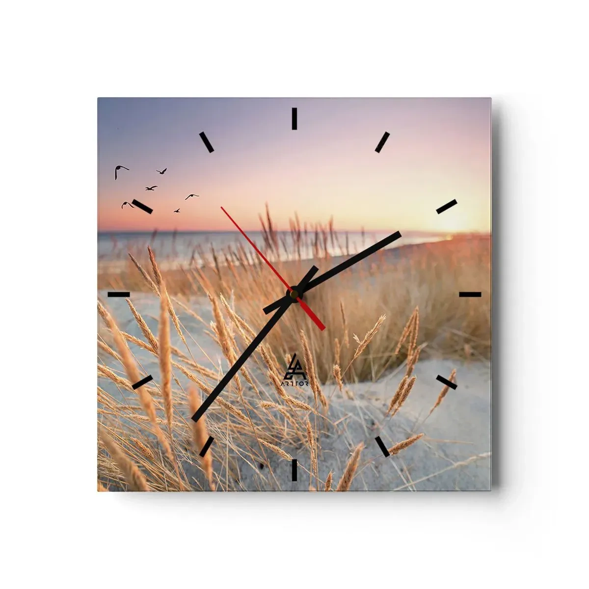 Reloj de pared - Reloj de vidrio - Playa al atardecer con hierbas altas - 30x30cm - Dulce nana del Báltico - Decoración de pared moderna para salón y dormitorio ARTTOR