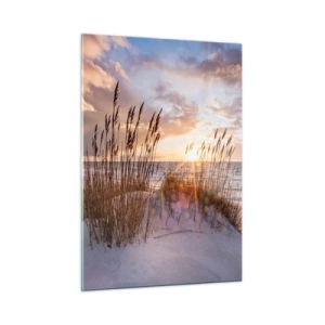 Cuadro sobre vidrio - Impresiones sobre Vidrio - Puesta de sol sobre el mar vista a través de los pastos costeros - 50x70cm - Adiós al sol y al viento - Decoración de pared moderna para salón y dormitorio ARTTOR