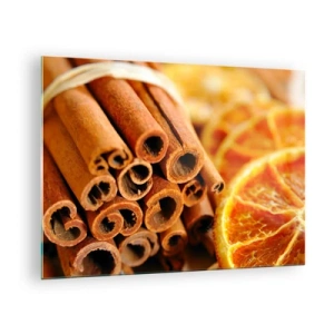 Cuadro sobre vidrio - Impresiones sobre Vidrio - Primer plano de ramas de canela y rodajas de naranja secas - 70x50cm - ¿Puedes oler su aroma? - Decoración de pared moderna para salón y dormitorio ARTTOR