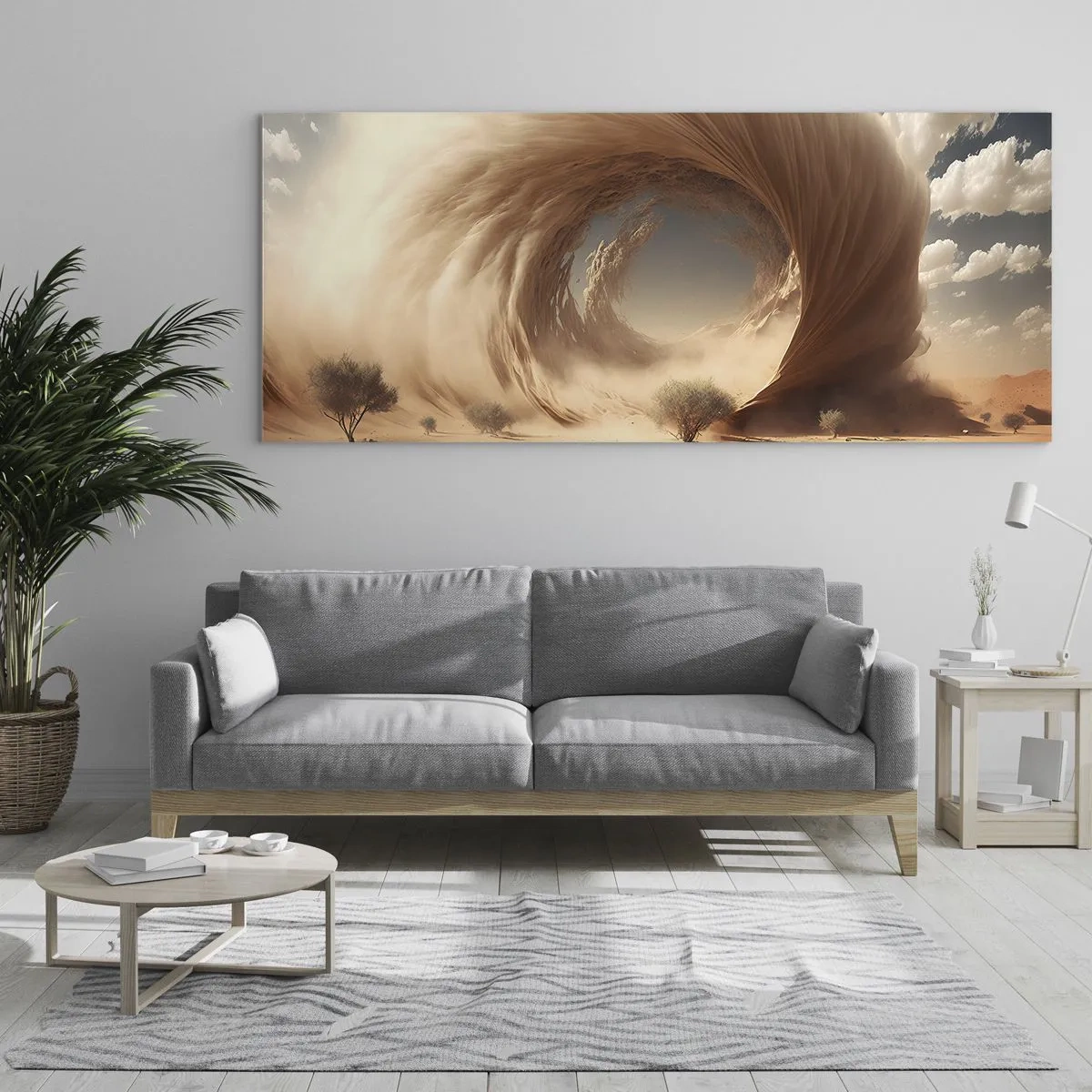 Cuadro sobre vidrio - Impresiones sobre Vidrio - Remolino de arena dinámico en un desierto con árboles - 160x50cm - Portal abierto - Decoración de pared moderna para salón y dormitorio ARTTOR