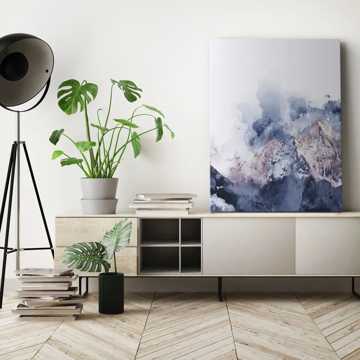Cuadro sobre lienzo - Impresión de Imagen - Montañas de acuarela en tonos pastel sobre un fondo blanco. - 50x70cm - El techo del mundo - Decoración de pared moderna para salón y dormitorio ARTTOR