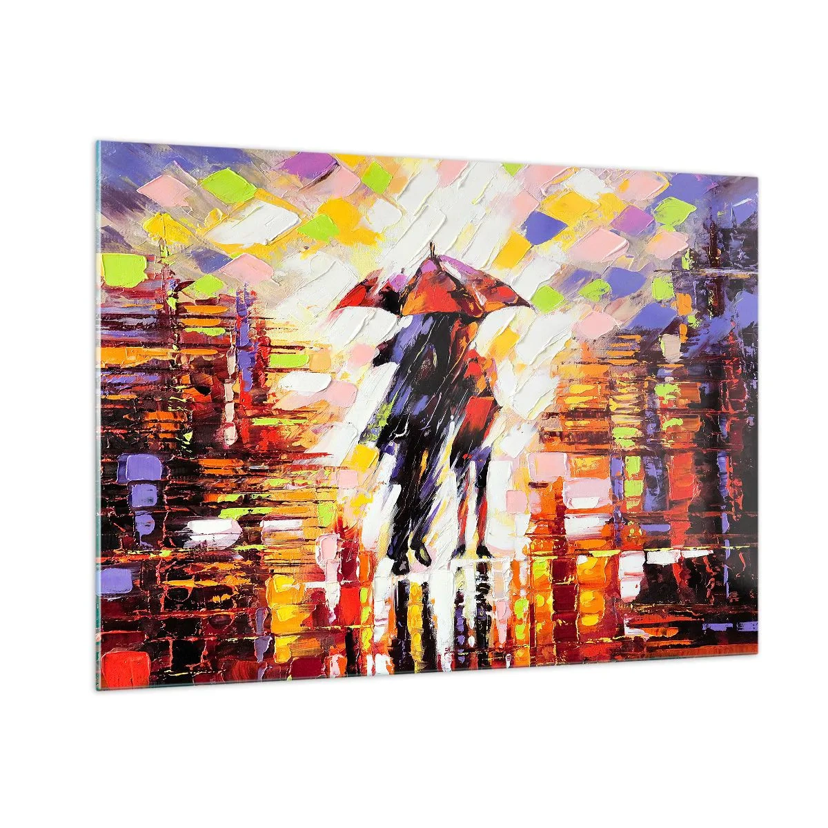 Cuadro sobre vidrio - Impresiones sobre Vidrio - Una pareja bajo un paraguas rojo en una ciudad colorida. - 100x70cm - Juntos a través de la noche y la lluvia - Decoración de pared moderna para salón y dormitorio ARTTOR