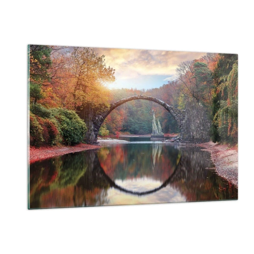 Cuadro sobre vidrio - Impresiones sobre Vidrio - Un puente de piedra reflejado en un lago en medio de un bosque otoñal. - 120x80cm - Al otro lado del espejo - Decoración de pared moderna para salón y dormitorio ARTTOR