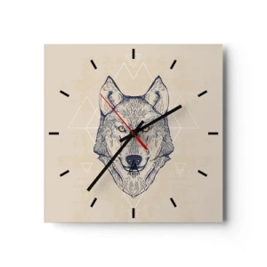 Reloj de pared - Reloj de vidrio - Un lobo geométrico sobre un fondo claro con patrones minimalistas. - 30x30cm - La mirada del lobo alfa - Decoración de pared moderna para salón y dormitorio ARTTOR