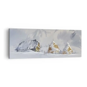 Cuadro sobre lienzo - Impresión de Imagen - Paisaje invernal con una cabaña y pajares en las montañas - 140x50cm - En un valle nevado - Decoración de pared moderna para salón y dormitorio ARTTOR