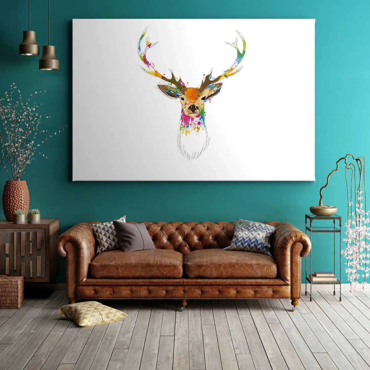 Cuadro sobre lienzo - Impresión de Imagen - Cabeza de ciervo colorida en estilo artístico. - 70x50cm - Un suave ciervo bañado en color - Decoración de pared moderna para salón y dormitorio ARTTOR