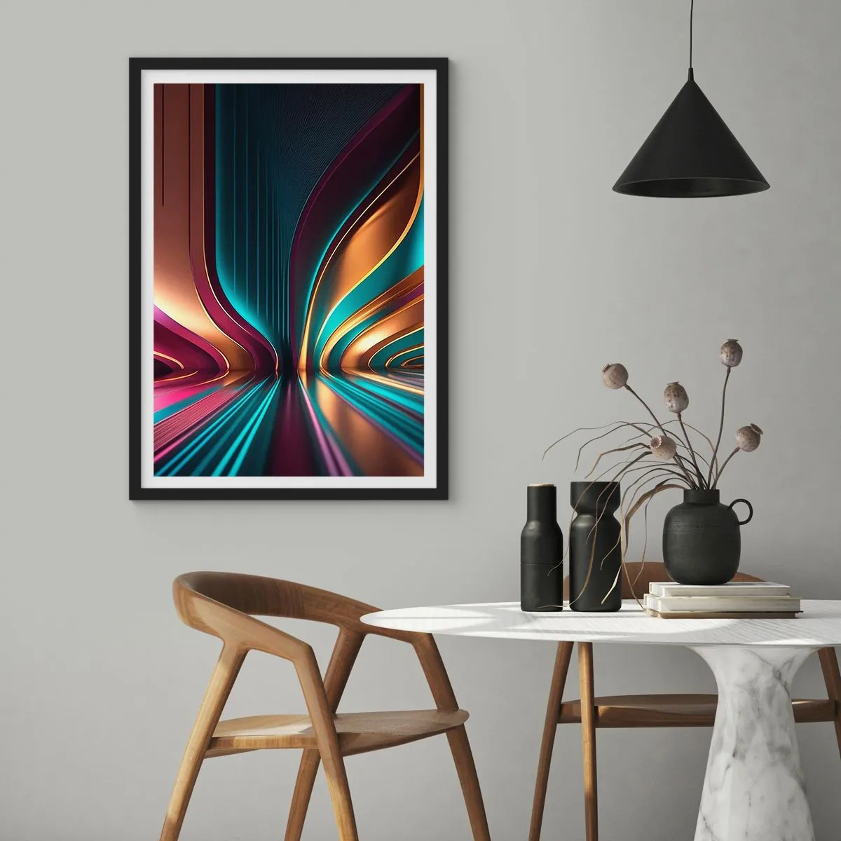 Póster en marco negro - Abstracción futurista en colores dorado y turquesa. - 50x70cm - Arquitectura de la luz - Decoración de pared moderna para salón y dormitorio ARTTOR